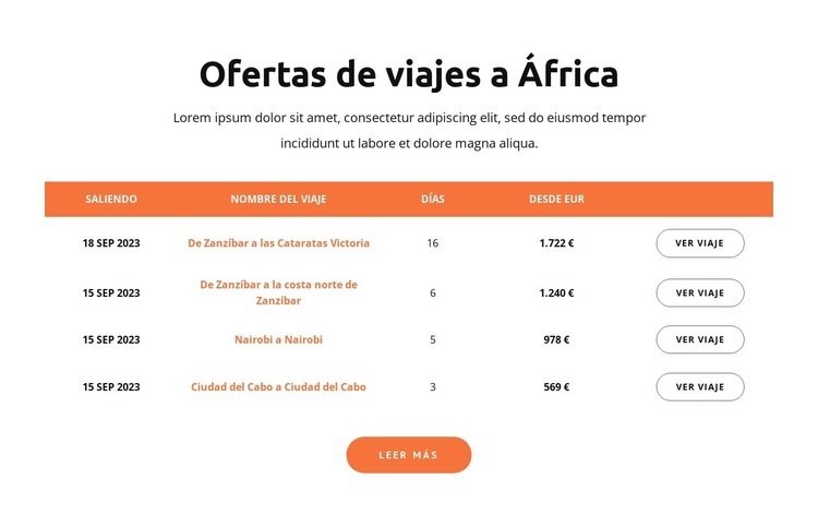 Ofertas de viajes a África Página de destino