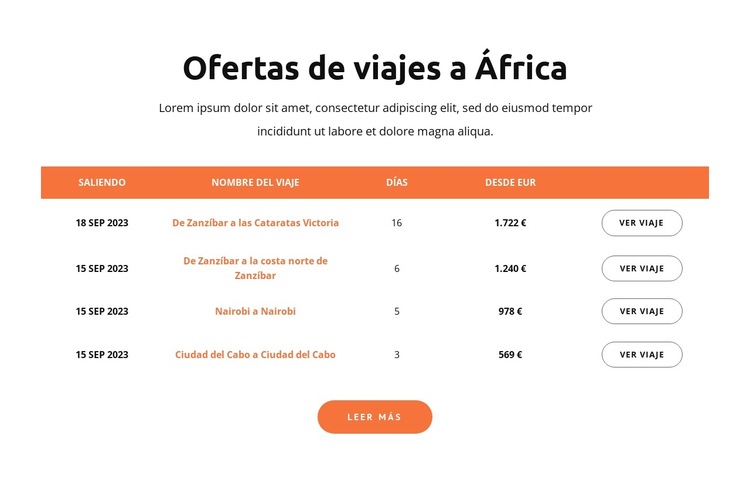 Ofertas de viajes a África Plantilla de sitio web