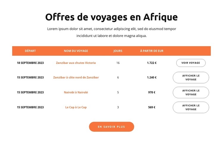 Offres de voyage en Afrique Conception de site Web