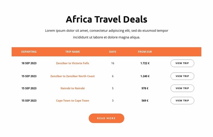 Africa travel deals Homepage Design