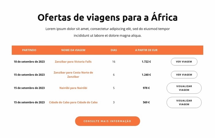 Ofertas de viagens para África Construtor de sites HTML