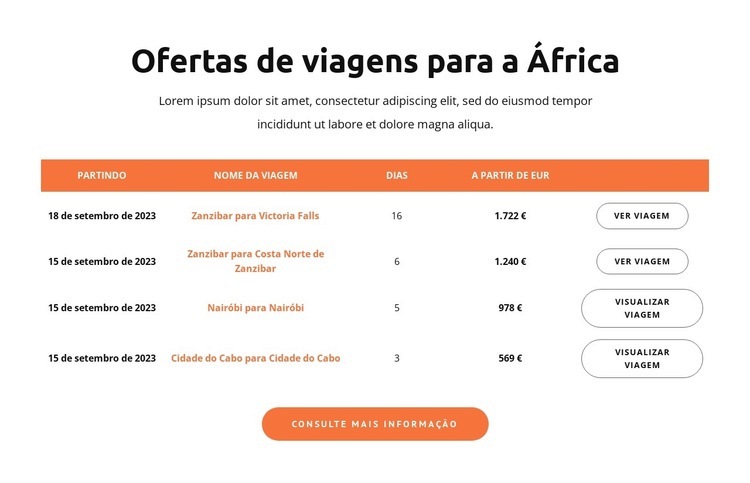 Ofertas de viagens para África Landing Page