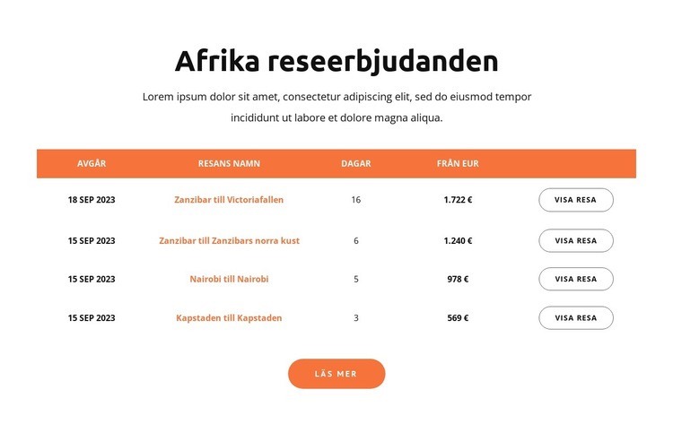 Afrika reseerbjudanden Hemsidedesign