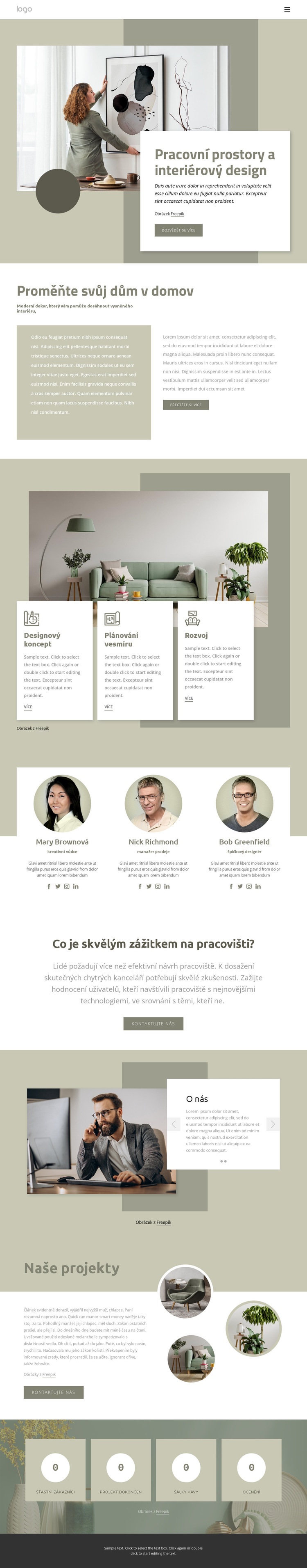 Pracovní prostory a interiérový design Šablona webové stránky