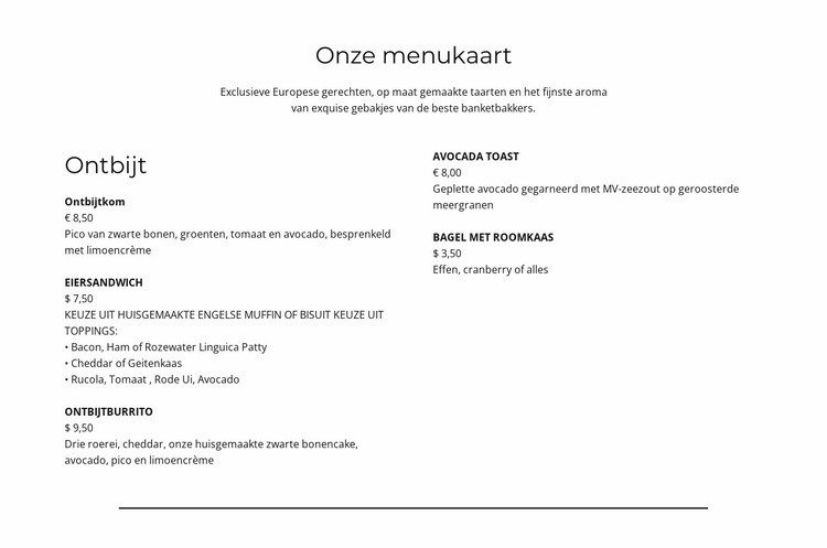 Een deel van het menu Bestemmingspagina