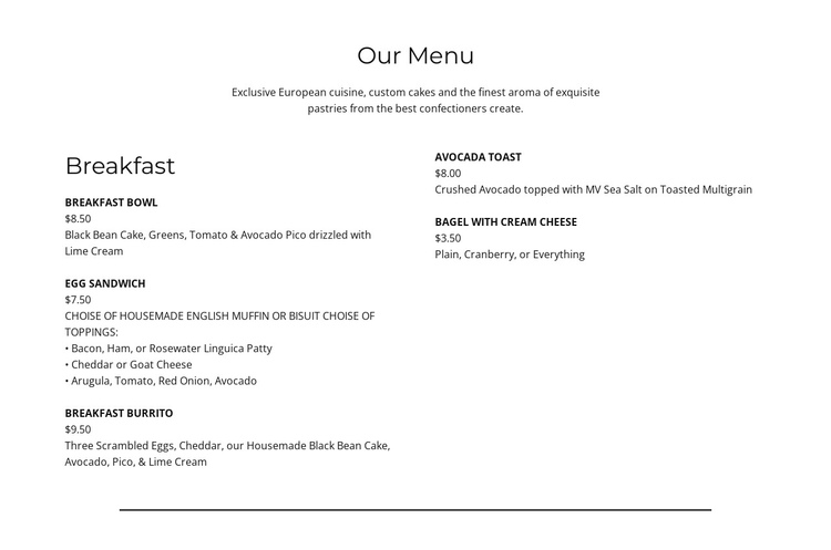 Part of the menu One Page Template