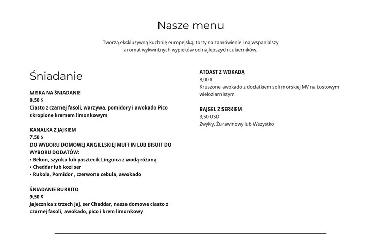 Część menu Makieta strony internetowej