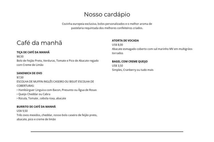 Parte do cardápio Design do site