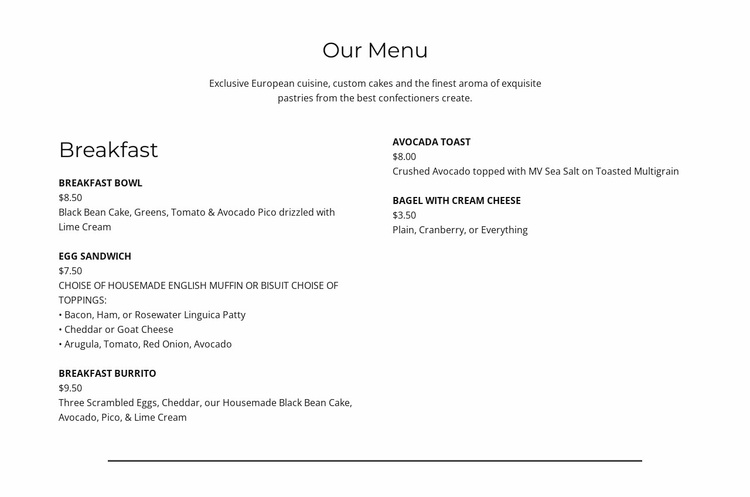 Part of the menu Website Design