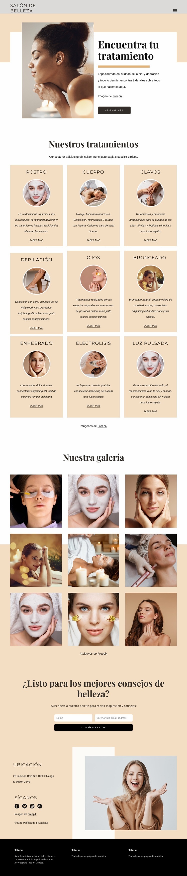 Tratamientos de belleza profesionales. Página de destino