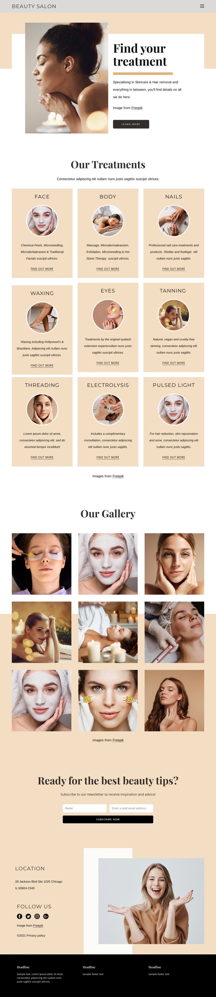 Professional beauty treatments Homepage Design