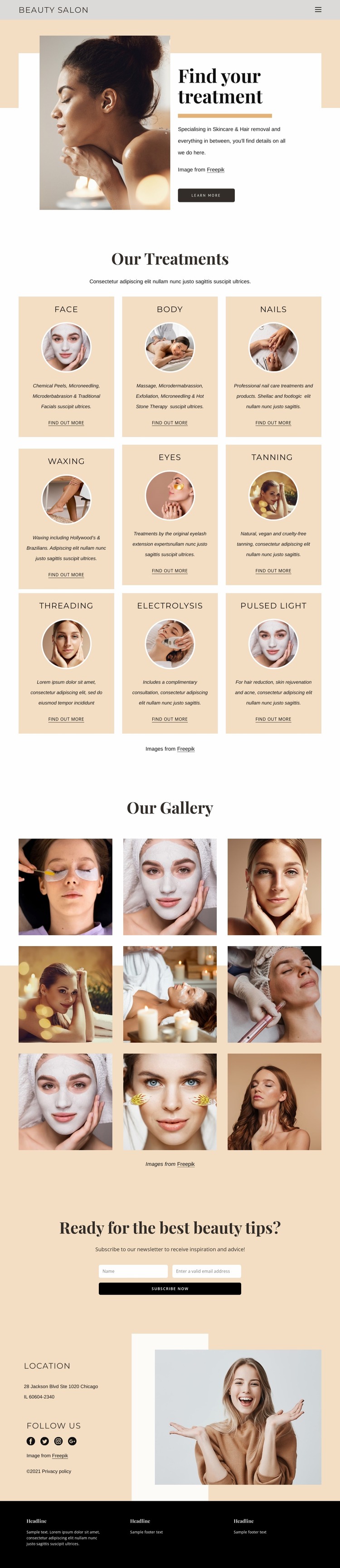 Professional beauty treatments Website Mockup