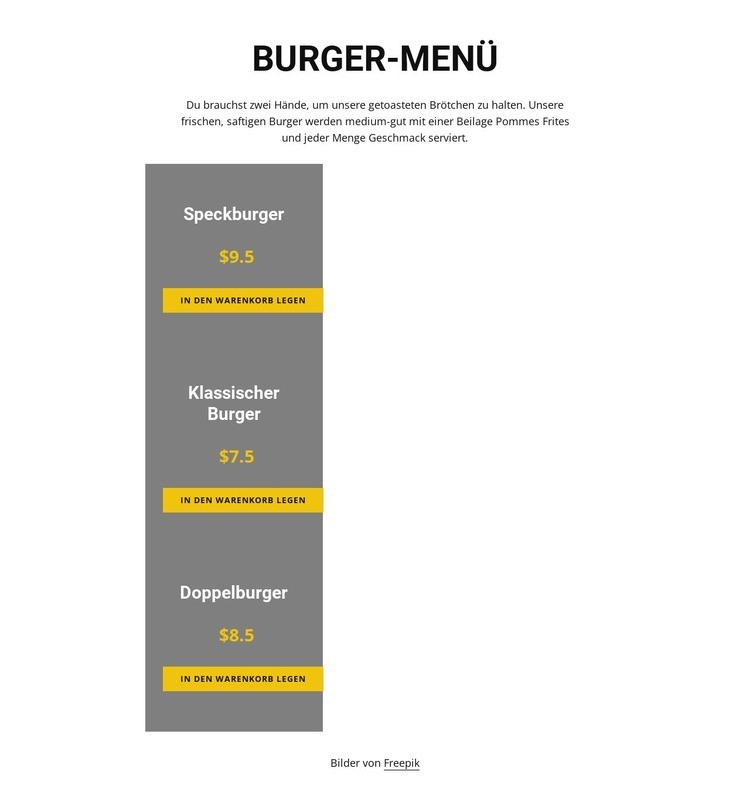 Burger-Menü Landing Page