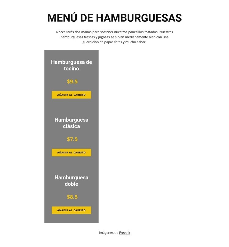 Menú de hamburguesas Maqueta de sitio web