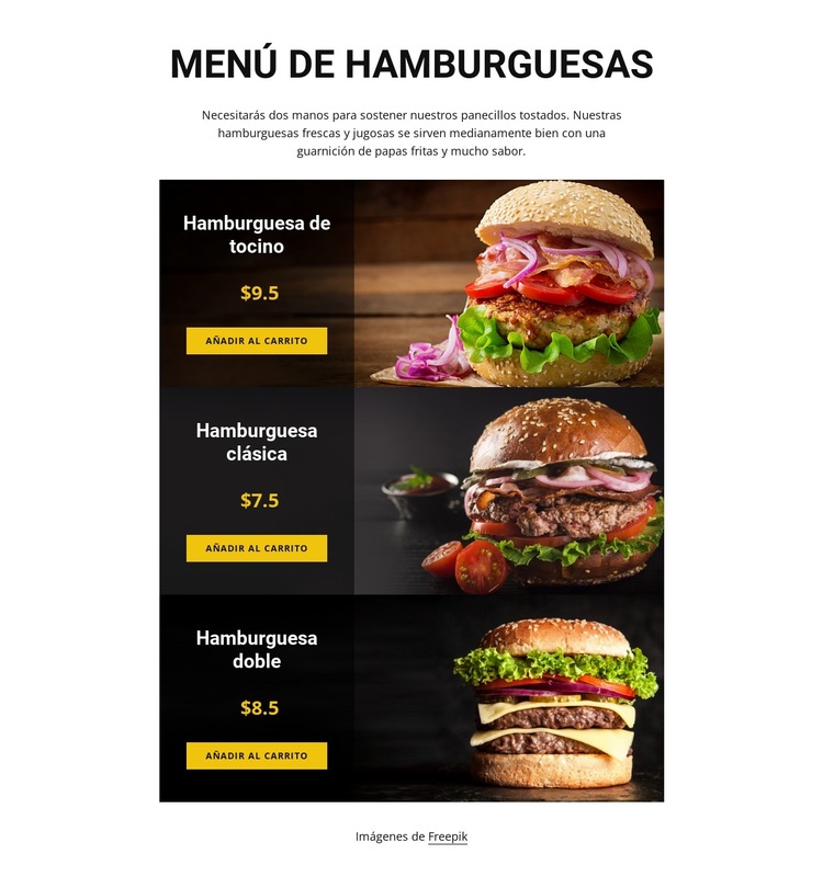 Menú de hamburguesas Plantilla de sitio web
