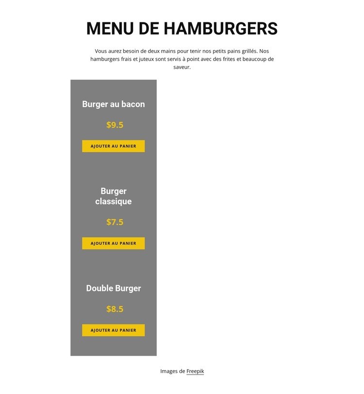 Menu de hamburgers Page de destination