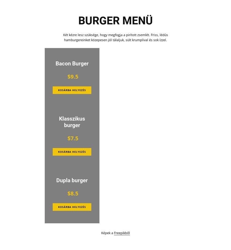 Burger menü Weboldal tervezés