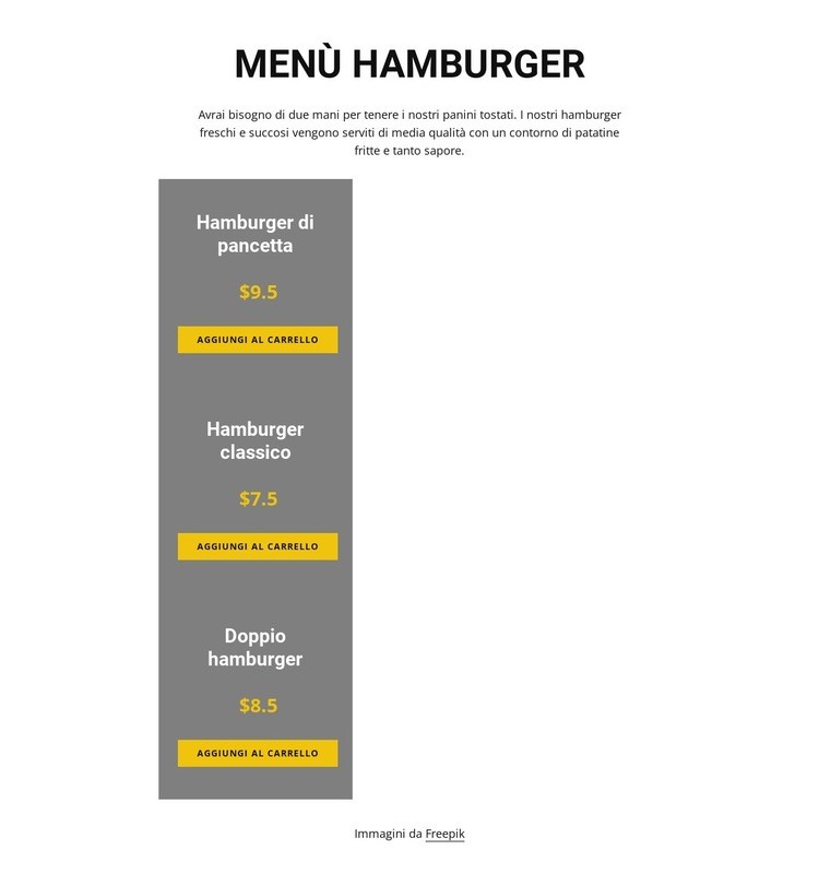 Menù hamburger Pagina di destinazione
