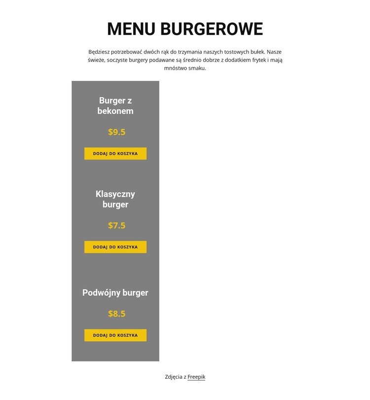 Menu burgerowe Projekt strony internetowej