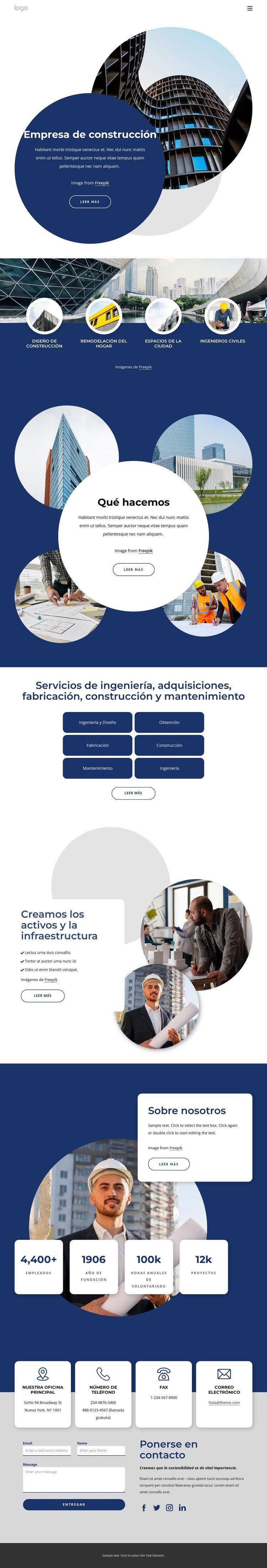 Empresa internacional de servicios de construcción. Página de destino