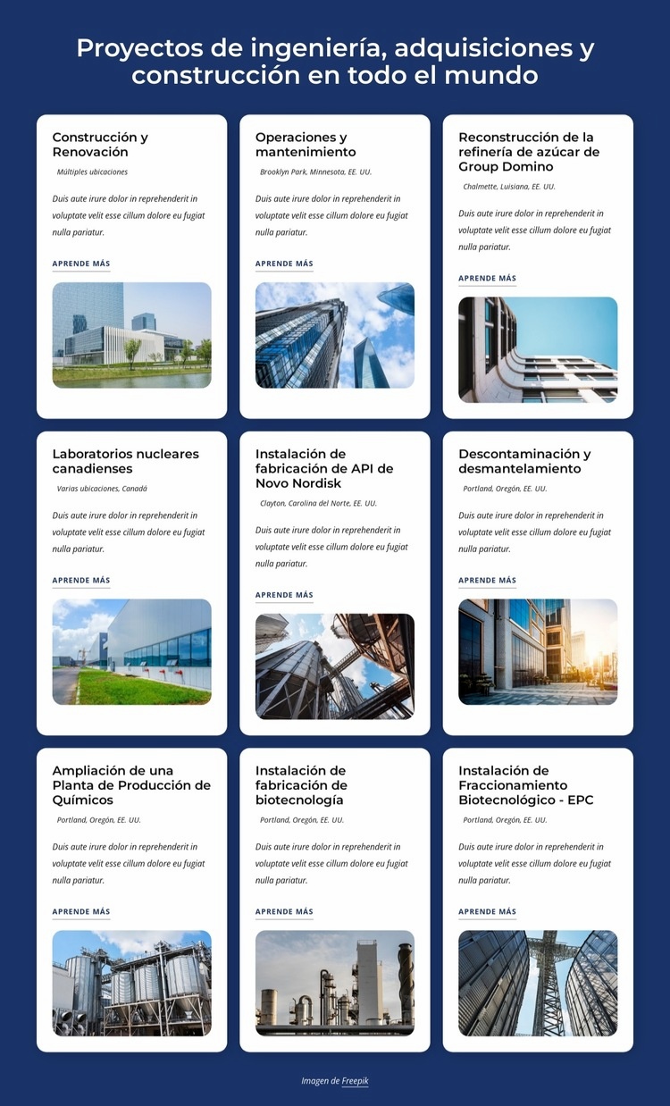 Proyectos de ingeniería, adquisiciones y construcción. Plantillas de creación de sitios web