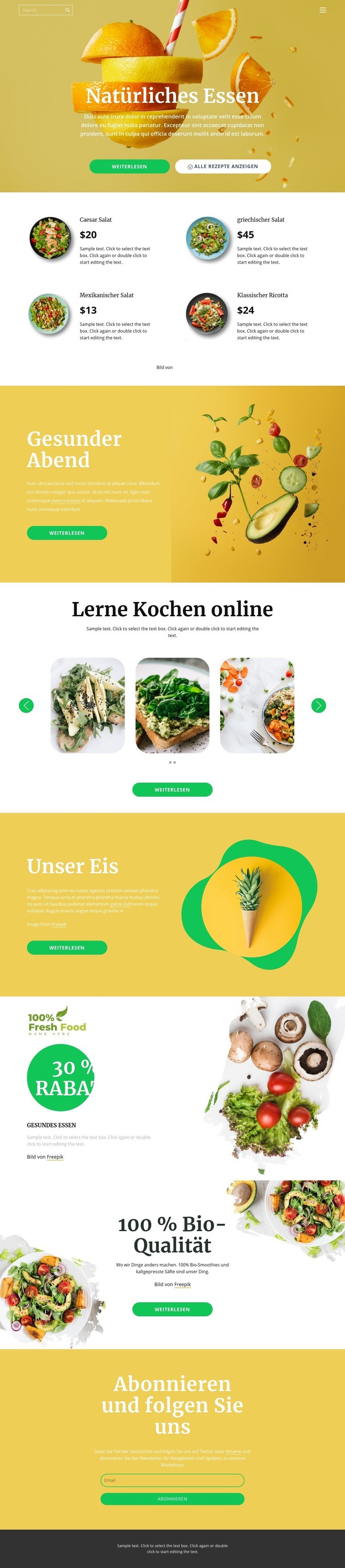 Leckeres und gesundes Essen Website-Modell