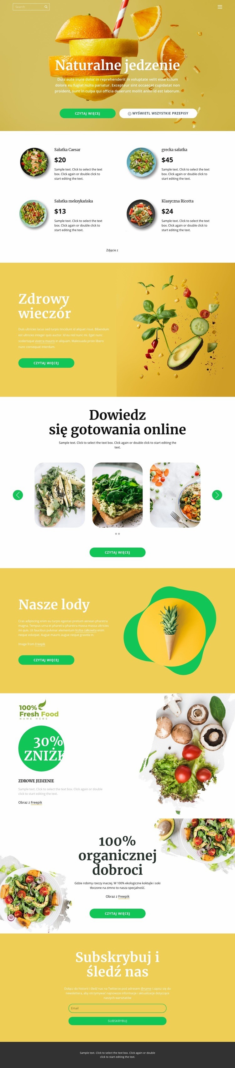 Pyszne i zdrowe jedzenie Kreator witryn internetowych HTML