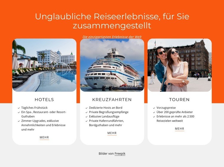 Hotels, Kreuzfahrten, Touren Landing Page