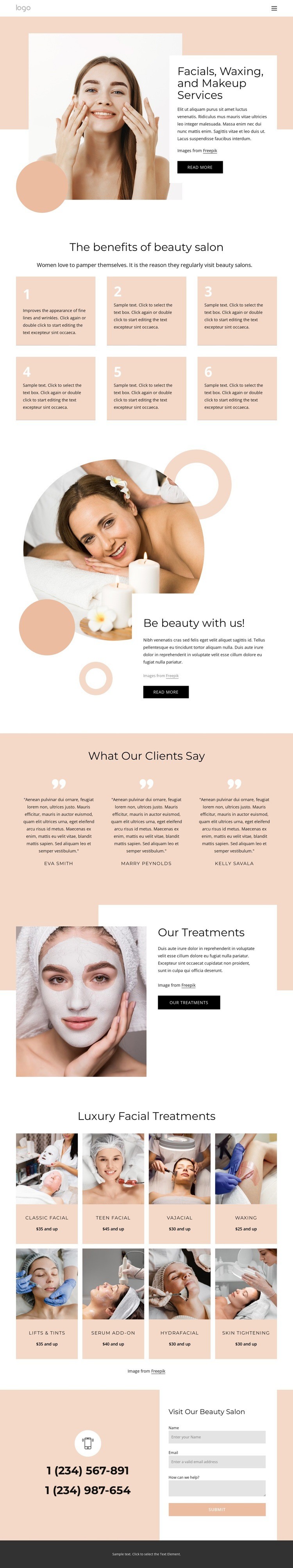 Facials, waxing, makeup services Homepage Design