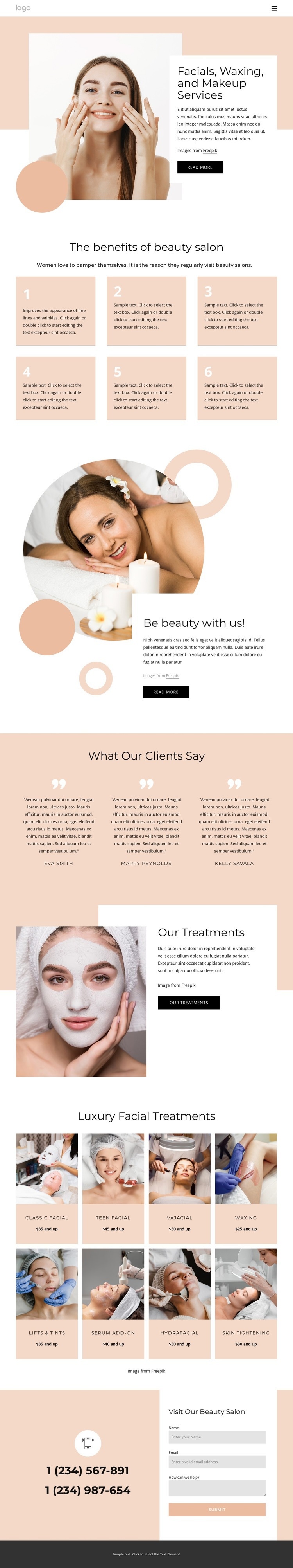 Facials, waxing, makeup services Web Page Design