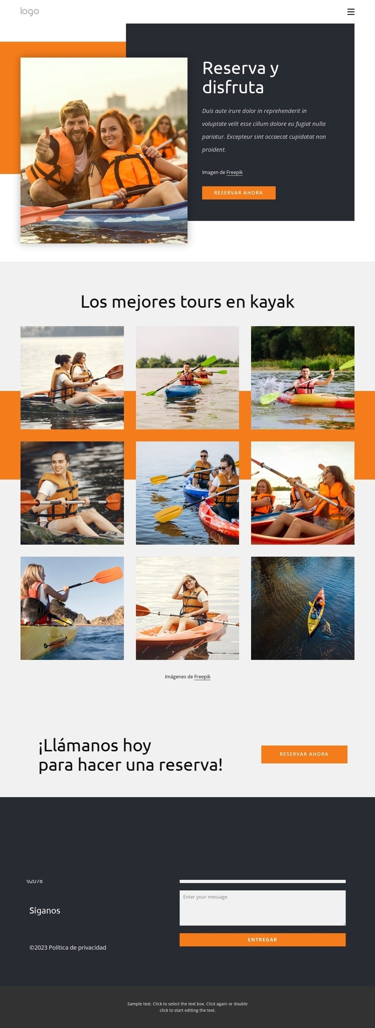 Excursiones y vacaciones en kayak. Página de destino