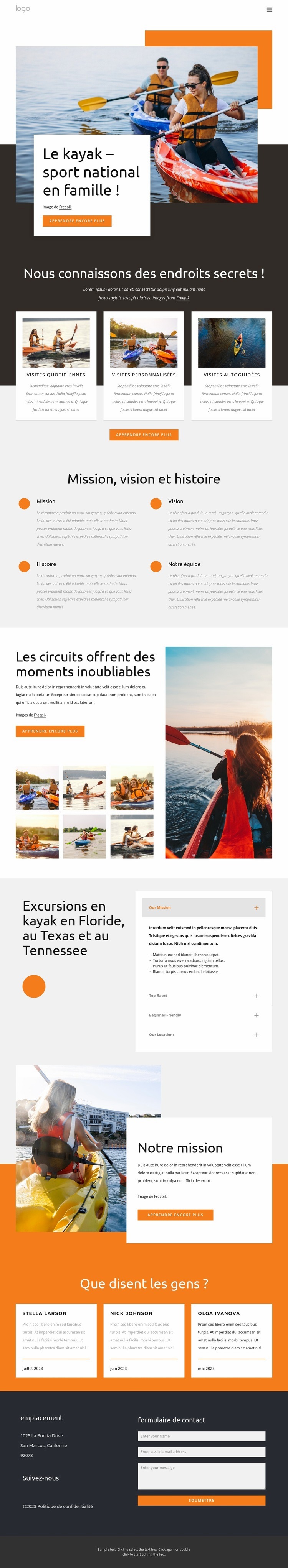 Kayak - sport national pour les familles Conception de site Web