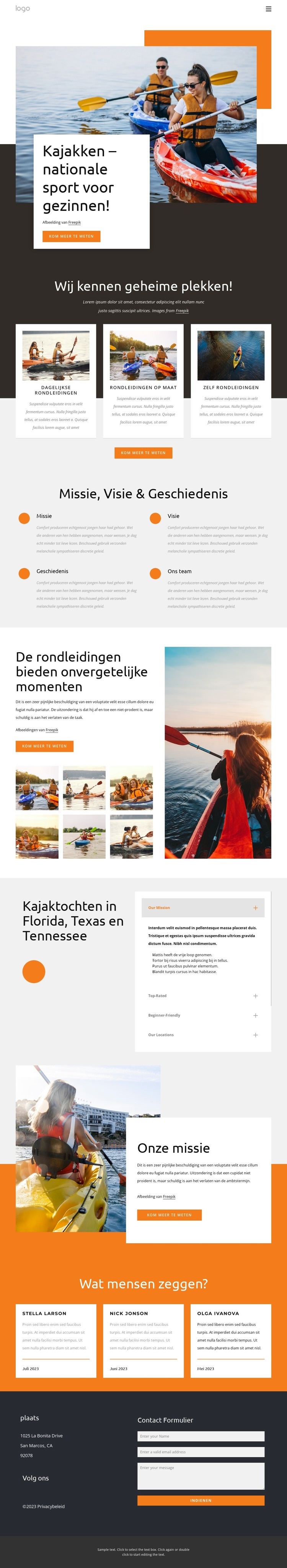 Kajakken - nationale sport voor gezinnen Website mockup