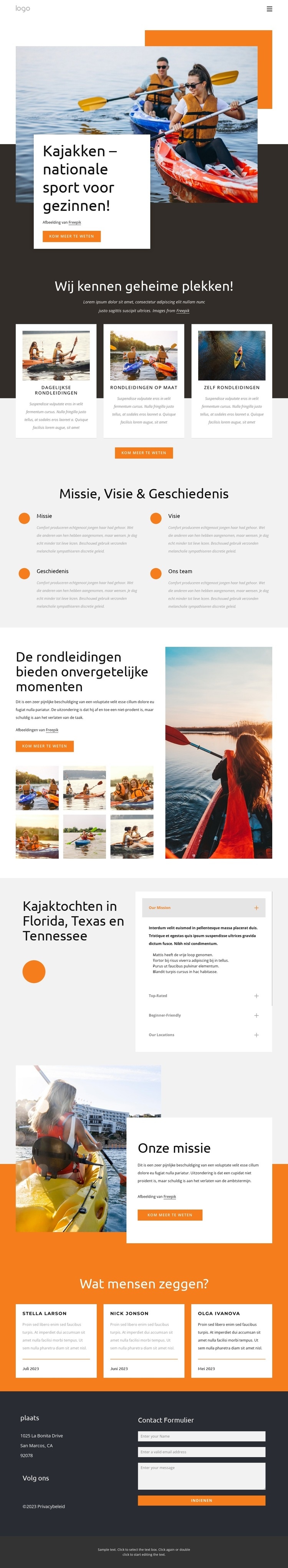 Kajakken - nationale sport voor gezinnen Website ontwerp