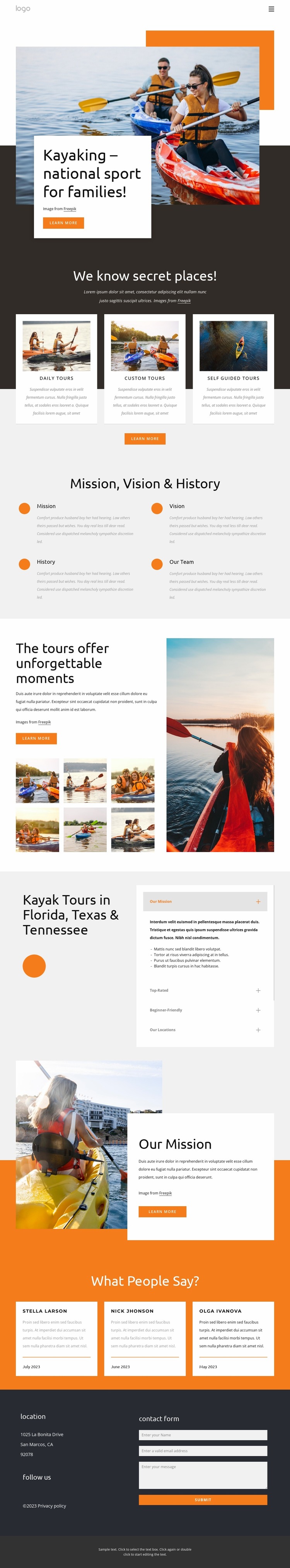Kayaking - national sport for families Website Mockup