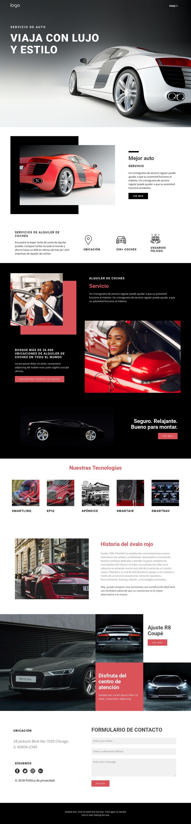 Viajar en autos de lujo Maqueta de sitio web