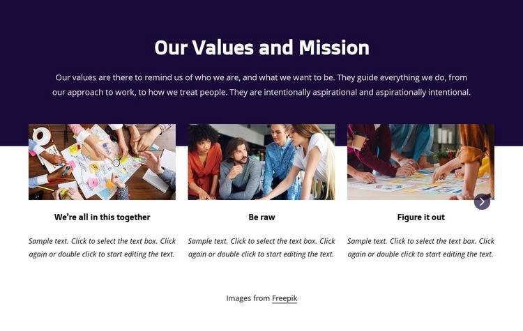 Our values and mission Html Code Example