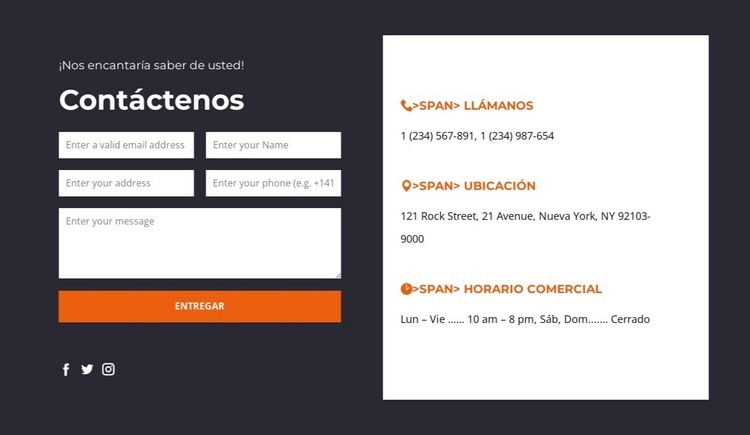 Contáctenos bloque con fondo oscuro Plantilla HTML5