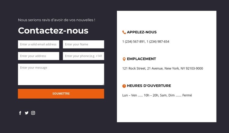 Contactez-nous bloc avec fond sombre Créateur de site Web HTML