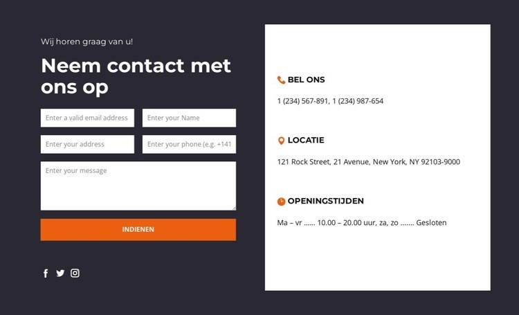 Neem contact met ons op blok met donkere achtergrond Website mockup