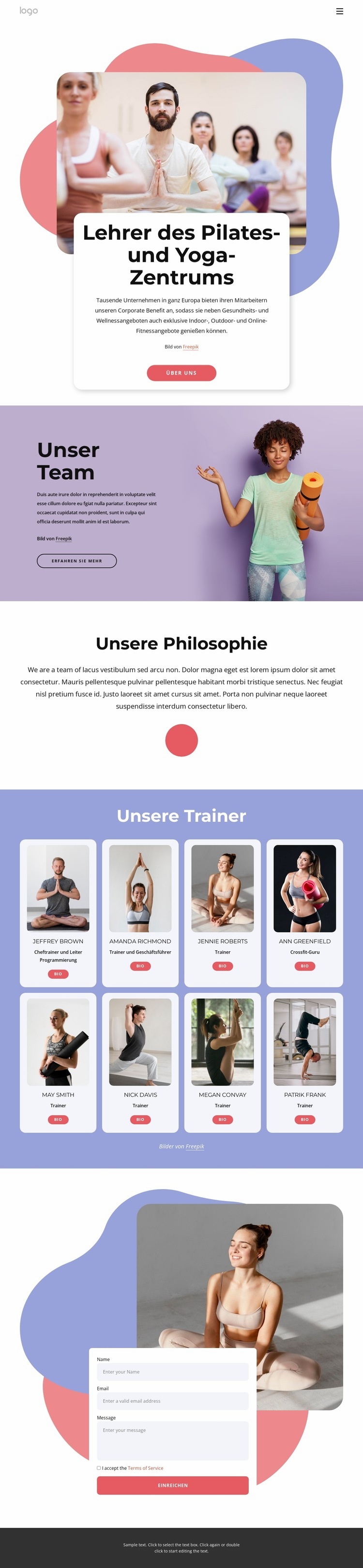 Pilates- und Yoga-Center-Lehrer Eine Seitenvorlage