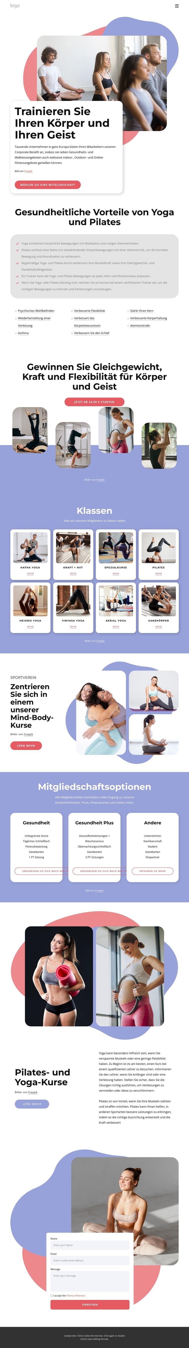 Pilates- und Yoga-Kurse Website design