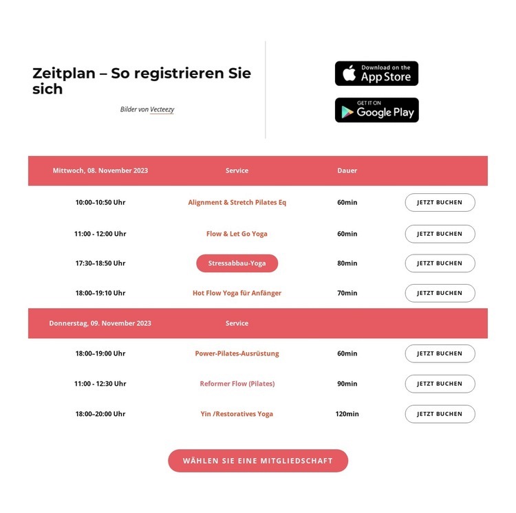 Zeitplan Landing Page