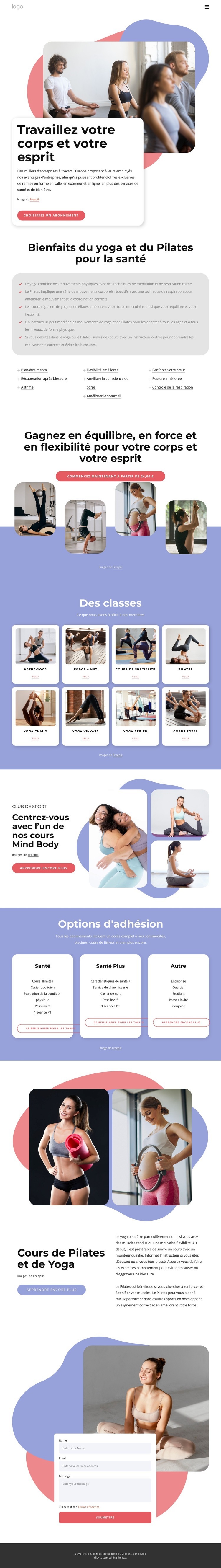 Cours de Pilates et de yoga Maquette de site Web