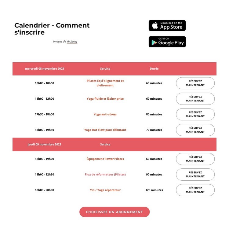 Calendrier Page de destination