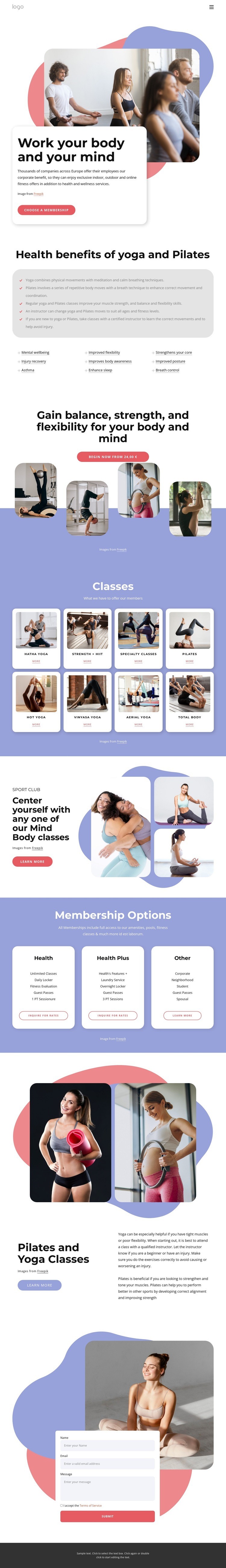 Pilates and yoga classes Homepage Design