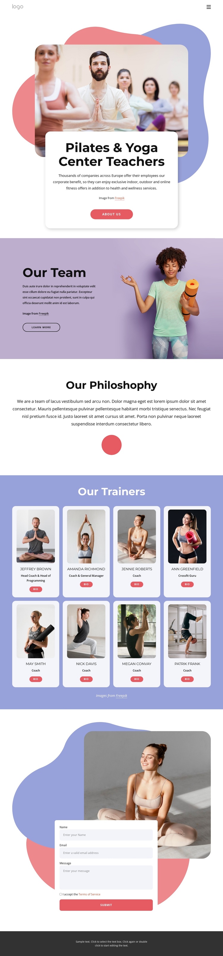 Pilates and yoga center teachers One Page Template