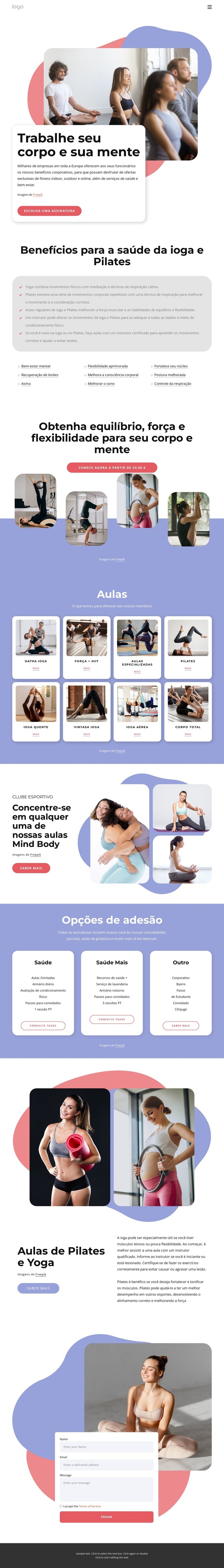 Aulas de Pilates e ioga Maquete do site