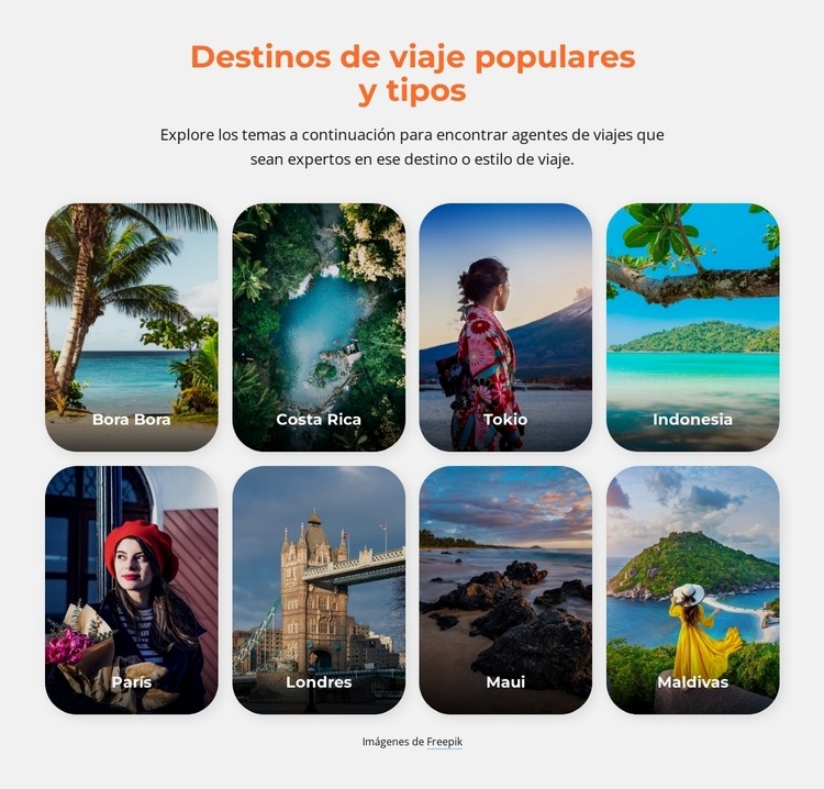 Tipos de viajes populares Creador de sitios web HTML