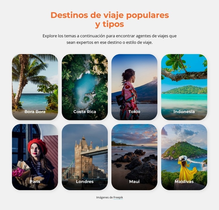 Tipos de viajes populares Maqueta de sitio web